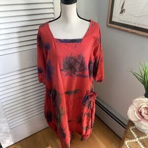 Cristina Vergani Dress Medium Red Linen Blend Midi Shift Boho Artsy Lagenlook